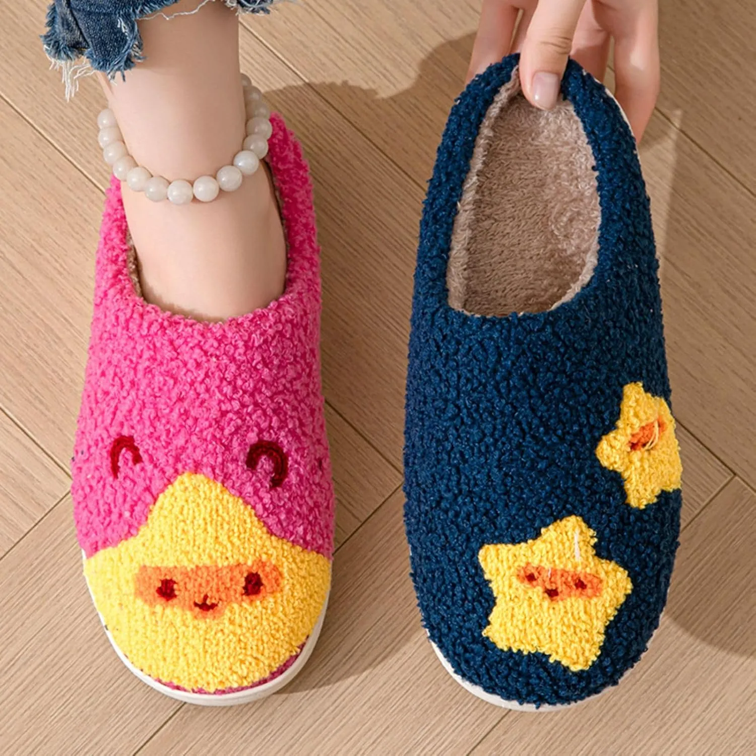 Women's Men's Retro Leopard Print Smiley Slippers Lightning Bolt Memory Foam Soft Plush Warm Non-Slip Home Shoes