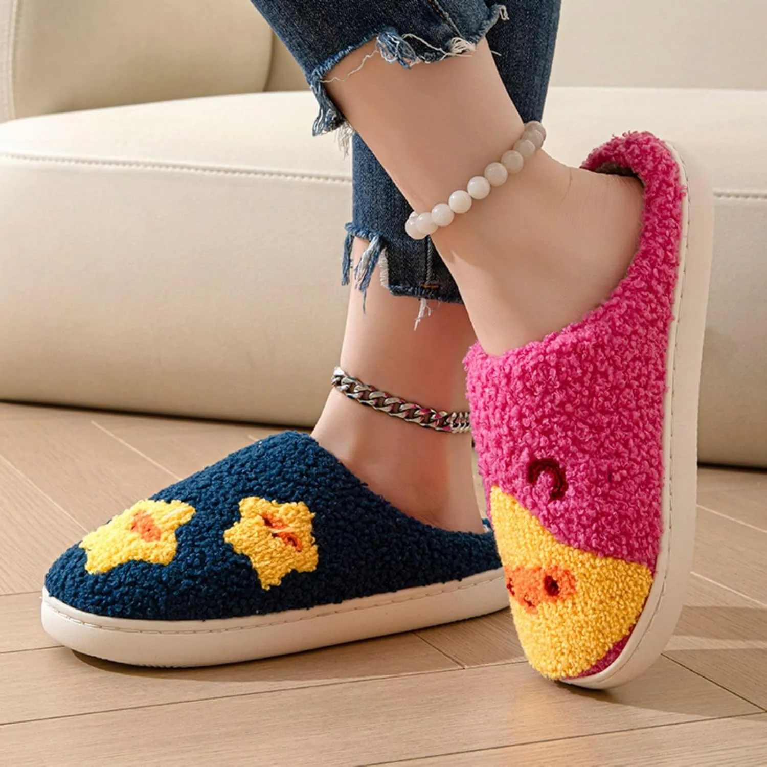 Women's Men's Retro Leopard Print Smiley Slippers Lightning Bolt Memory Foam Soft Plush Warm Non-Slip Home Shoes