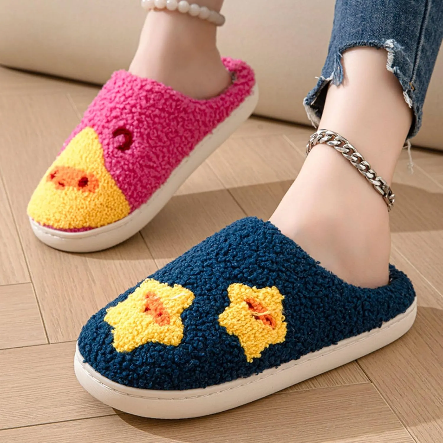 Women's Men's Retro Leopard Print Smiley Slippers Lightning Bolt Memory Foam Soft Plush Warm Non-Slip Home Shoes