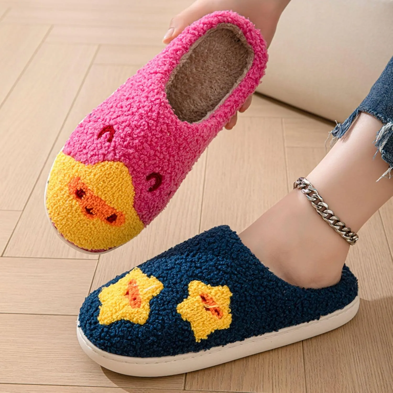 Women's Men's Retro Leopard Print Smiley Slippers Lightning Bolt Memory Foam Soft Plush Warm Non-Slip Home Shoes
