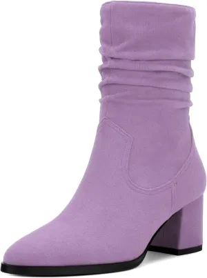 Women's Mid Calf Boots, Chunky Heel Pleated Calf Boots for Women, Fashion Pointed Toe Side Zipper Mid Heel Women's Boots,Women Shoes for Workpalce, Street and Banquet.