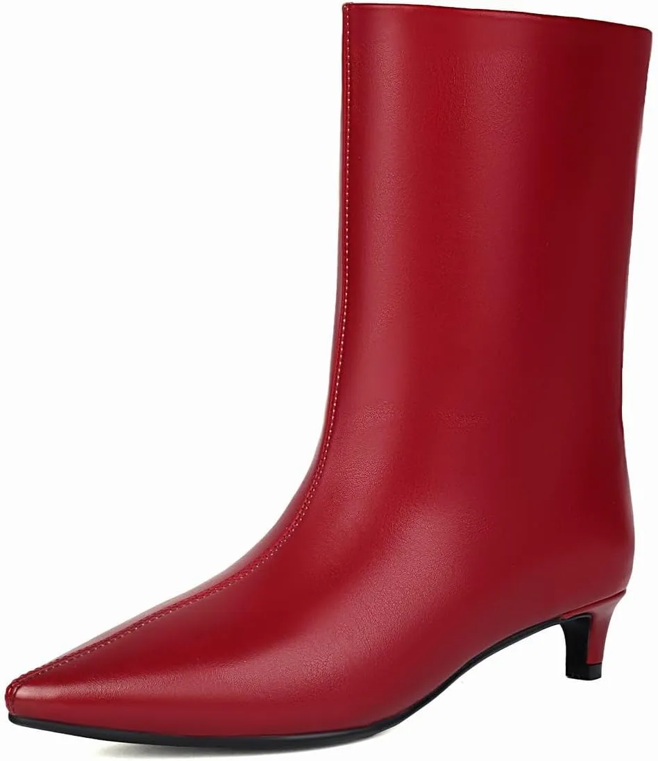 Women's Mid Calf Boots Wide Calf Kitten Heel Pointed Toe Pull On Low Heel Fall Boots
