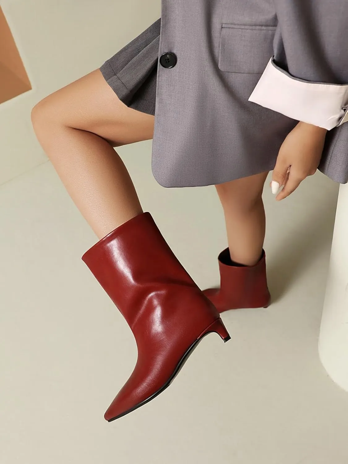 Women's Mid Calf Boots Wide Calf Kitten Heel Pointed Toe Pull On Low Heel Fall Boots