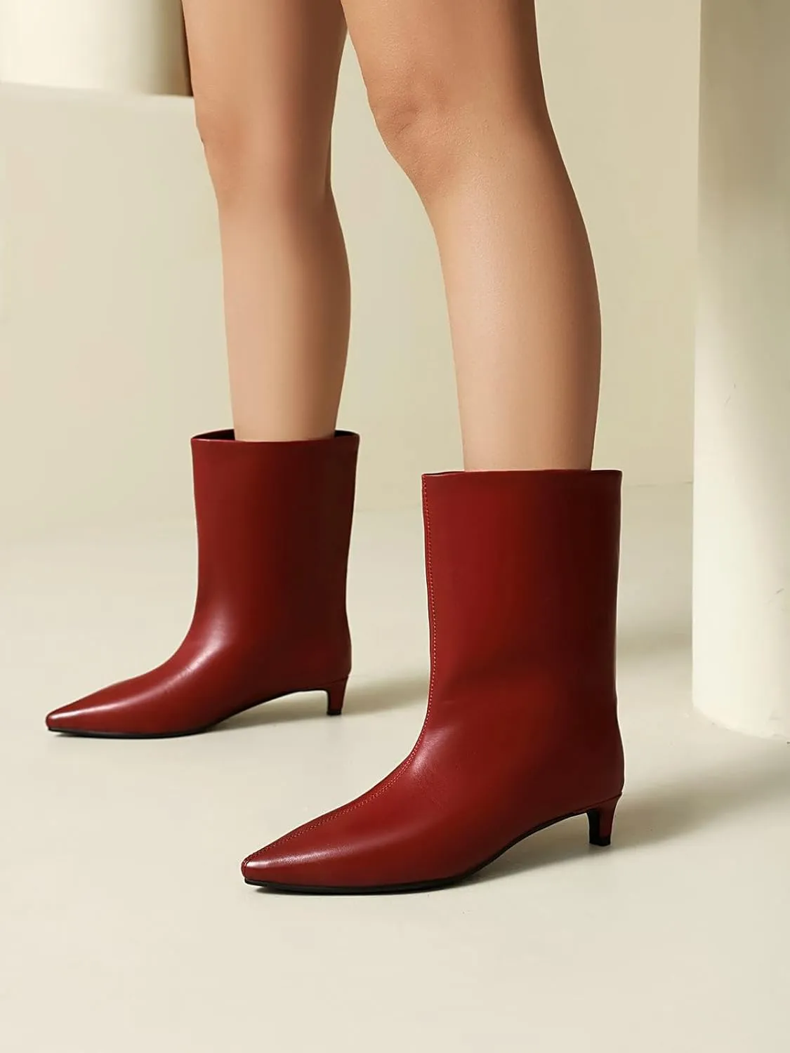Women's Mid Calf Boots Wide Calf Kitten Heel Pointed Toe Pull On Low Heel Fall Boots