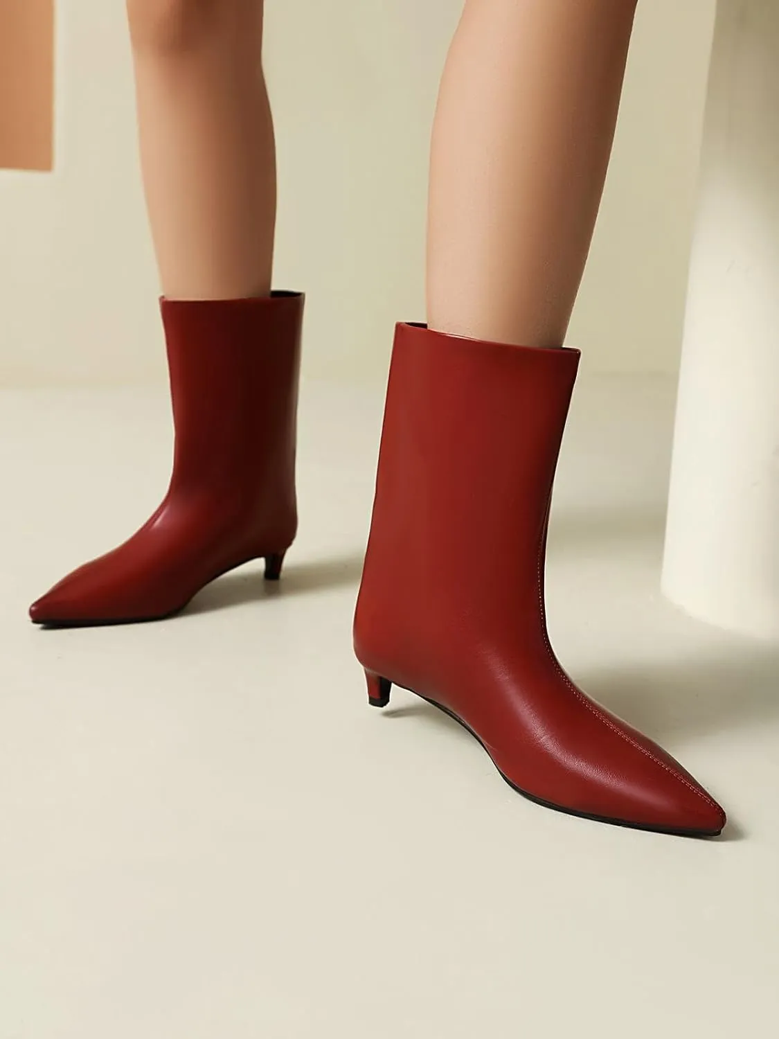 Women's Mid Calf Boots Wide Calf Kitten Heel Pointed Toe Pull On Low Heel Fall Boots