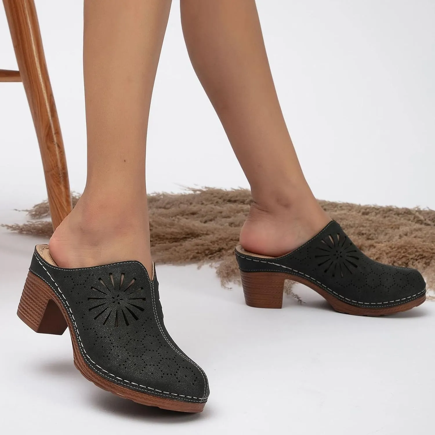 Women's Mules & Clogs Chunky Heel Spring Shoes Closed Toe Hollow Sandals Retro Slip On Slides Loafer Platform Mules