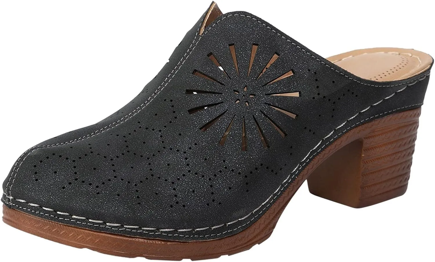 Women's Mules & Clogs Chunky Heel Spring Shoes Closed Toe Hollow Sandals Retro Slip On Slides Loafer Platform Mules