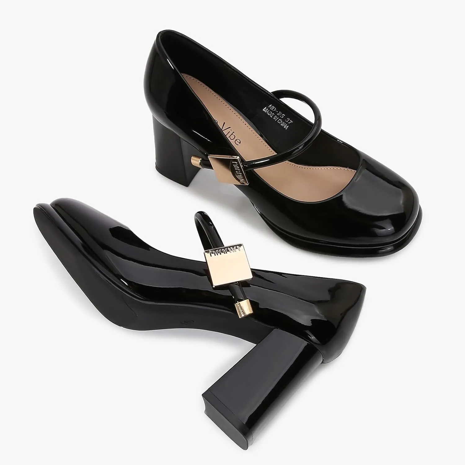 Women’s Patent Leather Block Heel Pumps, Chic Mary Jane Heels with Cushioned Insole & Gold Accent for Elegance and All-Day Comfort