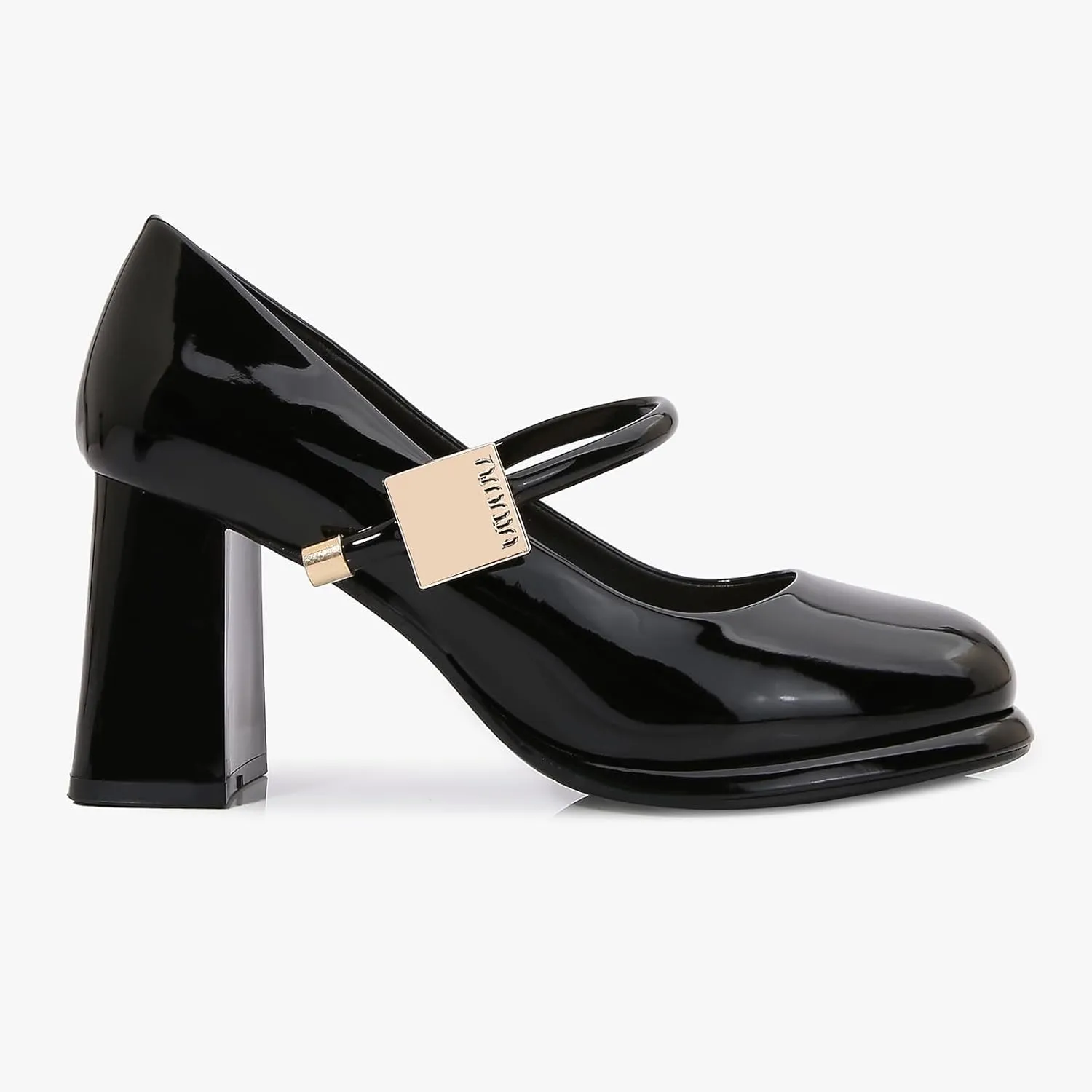 Women’s Patent Leather Block Heel Pumps, Chic Mary Jane Heels with Cushioned Insole & Gold Accent for Elegance and All-Day Comfort