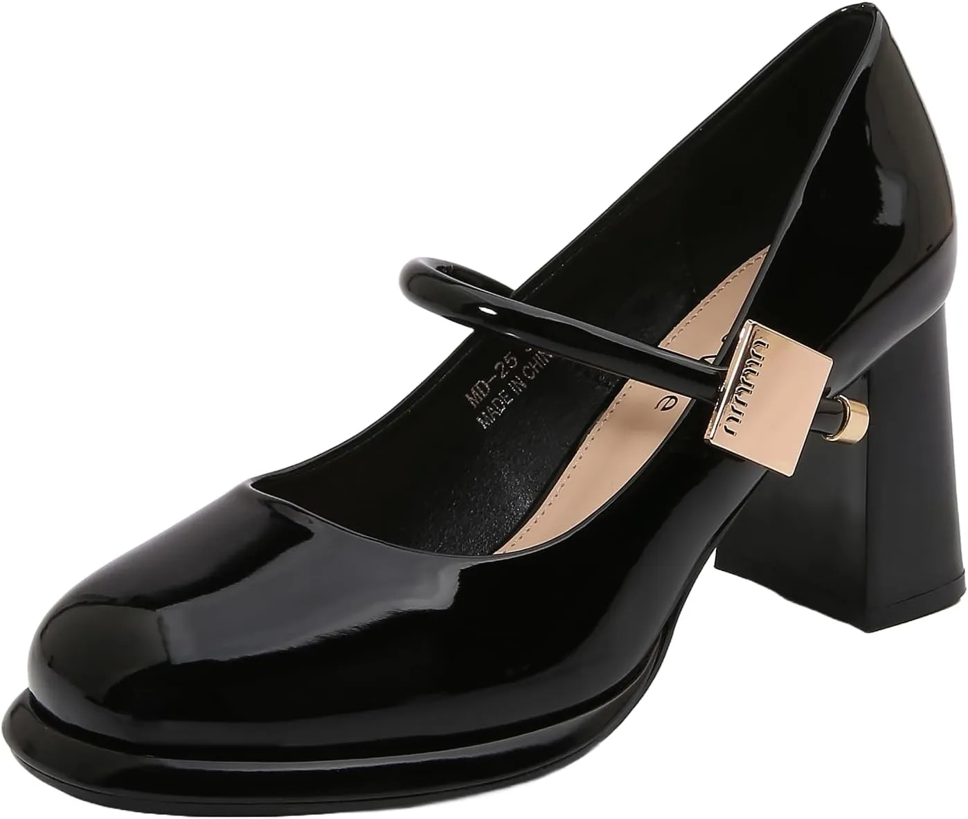 Women’s Patent Leather Block Heel Pumps, Chic Mary Jane Heels with Cushioned Insole & Gold Accent for Elegance and All-Day Comfort