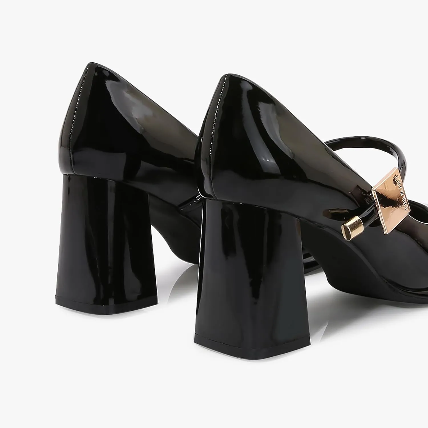 Women’s Patent Leather Block Heel Pumps, Chic Mary Jane Heels with Cushioned Insole & Gold Accent for Elegance and All-Day Comfort