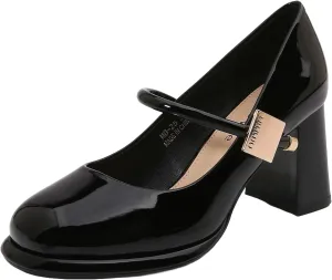 Women’s Patent Leather Block Heel Pumps, Chic Mary Jane Heels with Cushioned Insole & Gold Accent for Elegance and All-Day Comfort