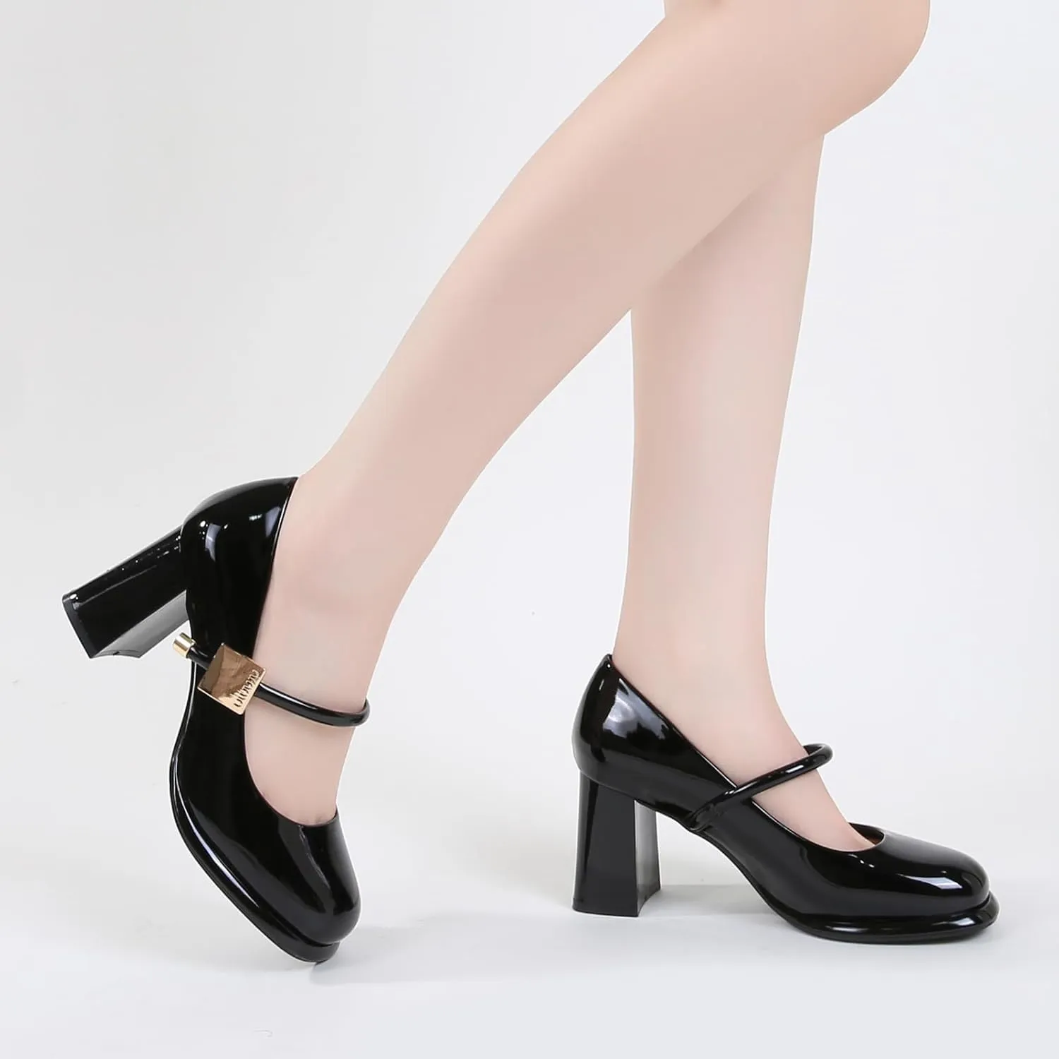 Women’s Patent Leather Block Heel Pumps, Chic Mary Jane Heels with Cushioned Insole & Gold Accent for Elegance and All-Day Comfort