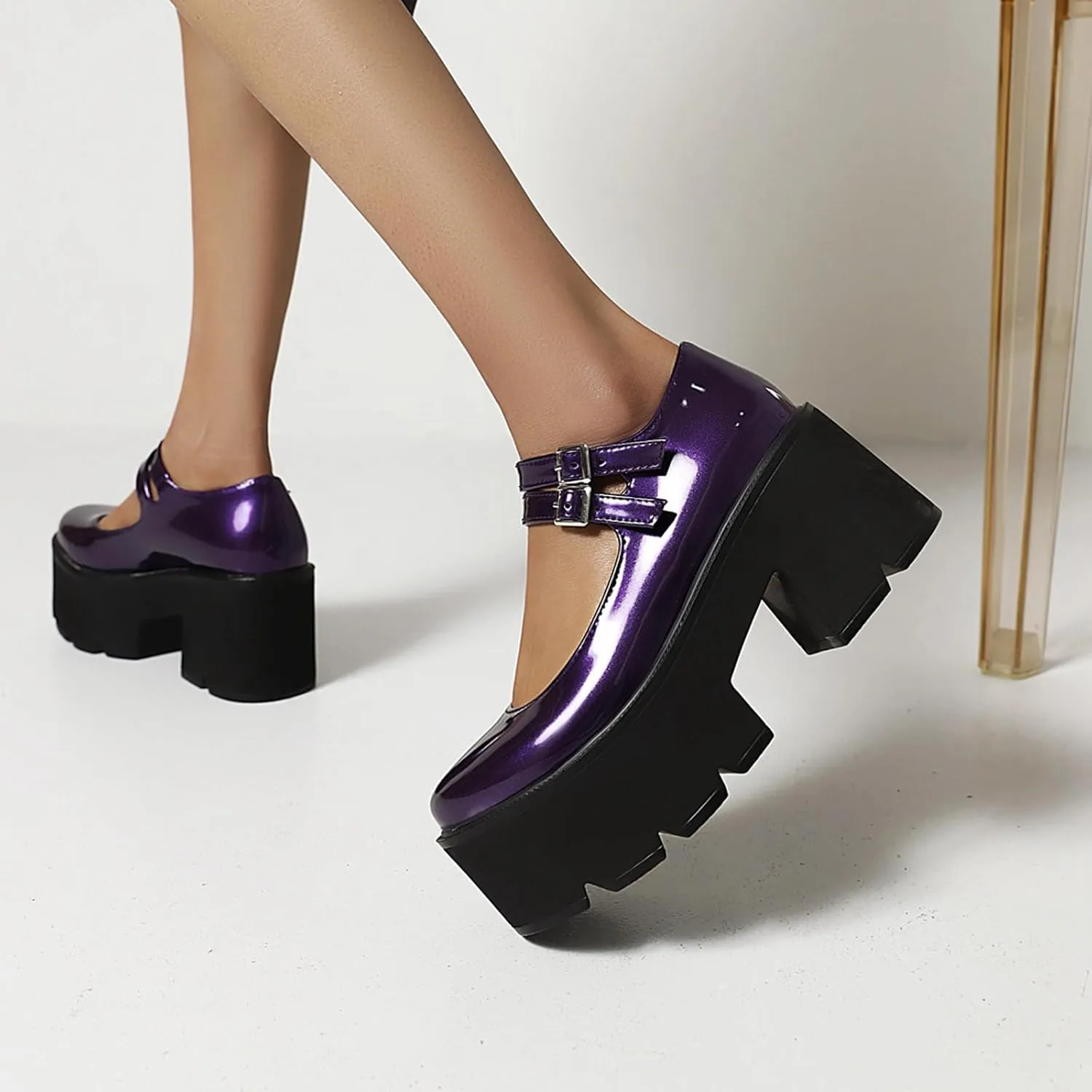 Women's Patent Leather Platform Mary Jane Shoes,Retro Round Toe Two-Strap Buckle Low Heel Chunky Pumps Lug Sole Dress Shoes
