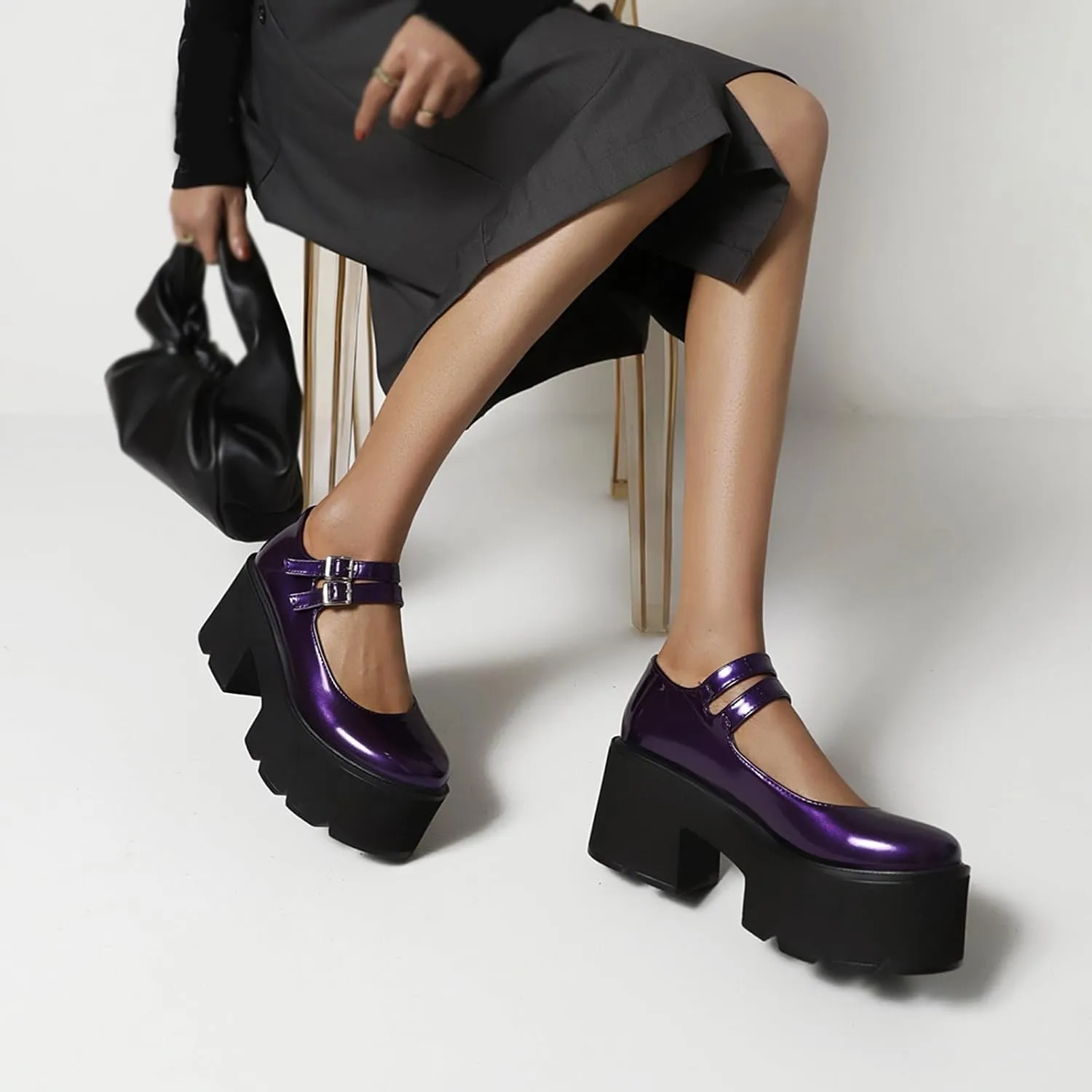 Women's Patent Leather Platform Mary Jane Shoes,Retro Round Toe Two-Strap Buckle Low Heel Chunky Pumps Lug Sole Dress Shoes