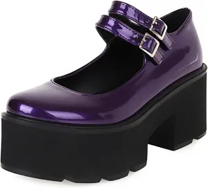 Women's Patent Leather Platform Mary Jane Shoes,Retro Round Toe Two-Strap Buckle Low Heel Chunky Pumps Lug Sole Dress Shoes