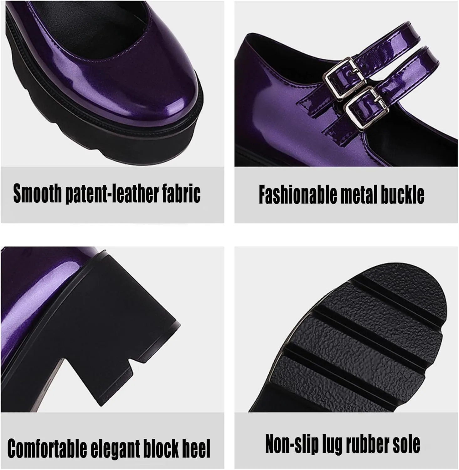 Women's Patent Leather Platform Mary Jane Shoes,Retro Round Toe Two-Strap Buckle Low Heel Chunky Pumps Lug Sole Dress Shoes