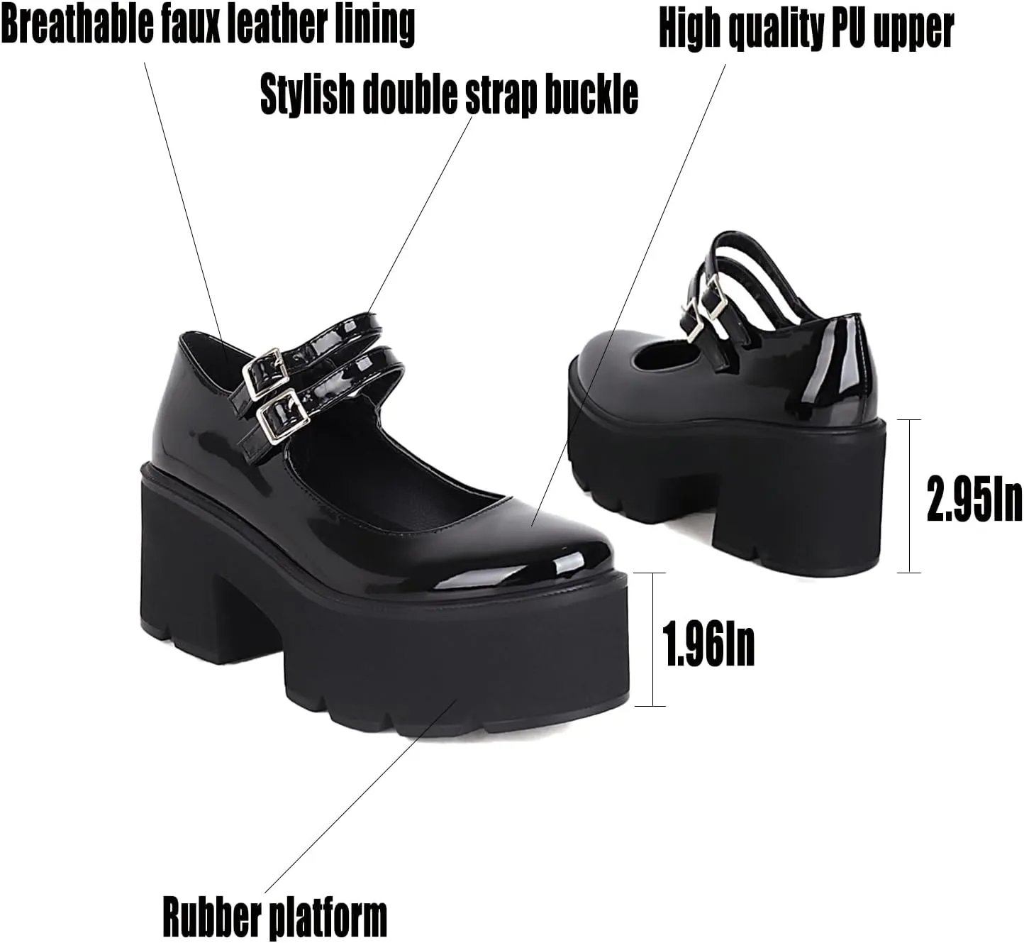 Women's Patent Leather Platform Mary Jane Shoes,Retro Round Toe Two-Strap Buckle Low Heel Chunky Pumps Lug Sole Dress Shoes
