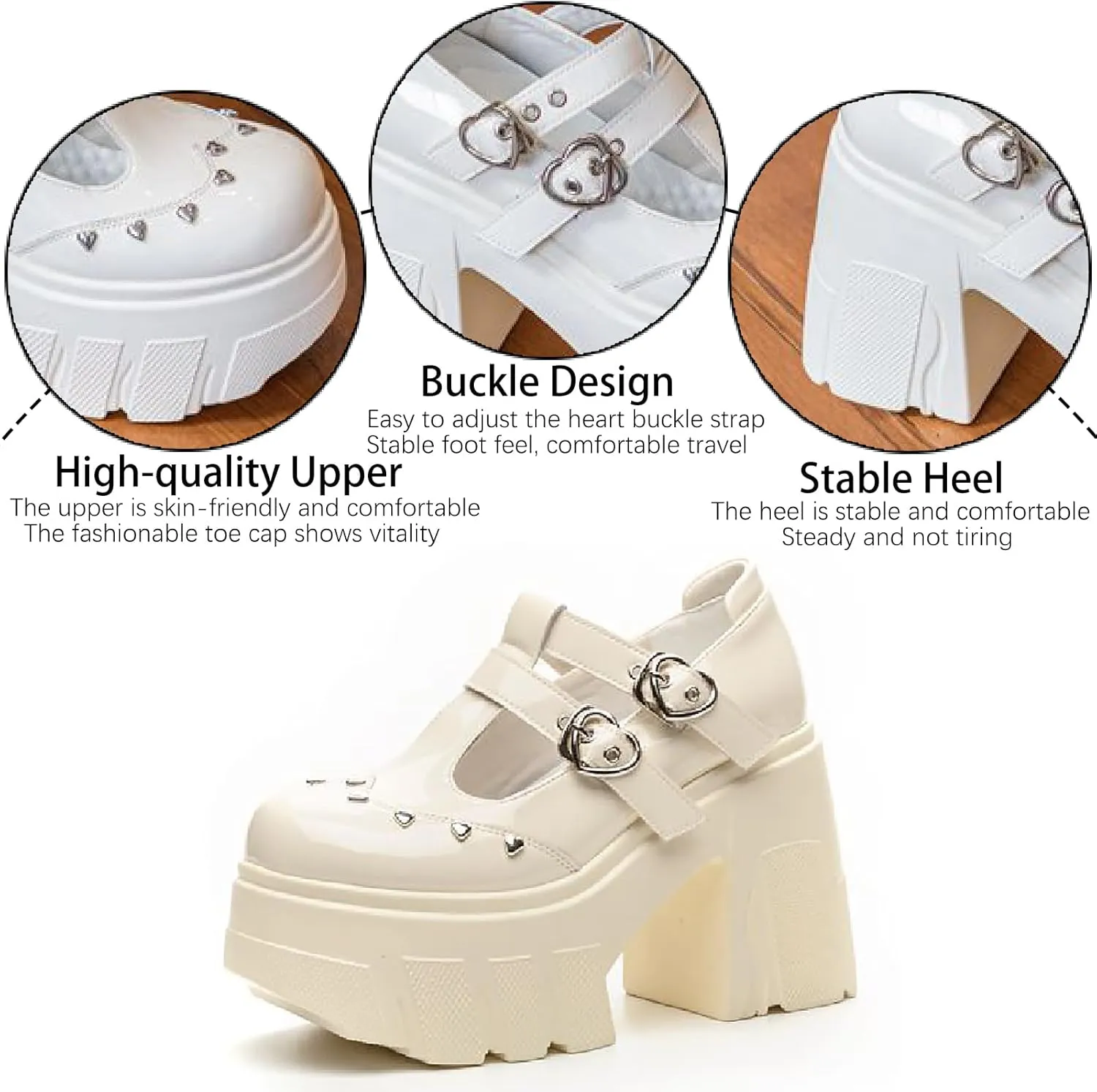 Women's Patent Leather Platform Mary Janes Pumps with Adjust Love Buckle Strap Fashion Comfort Round Toe Chunky High Heels Uniform Lolita Dress Shoes for Party Prom Date Wedding