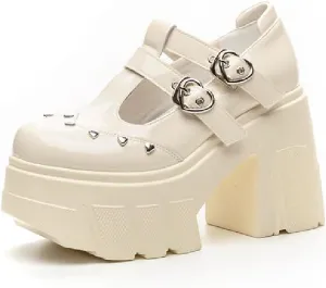 Women's Patent Leather Platform Mary Janes Pumps with Adjust Love Buckle Strap Fashion Comfort Round Toe Chunky High Heels Uniform Lolita Dress Shoes for Party Prom Date Wedding