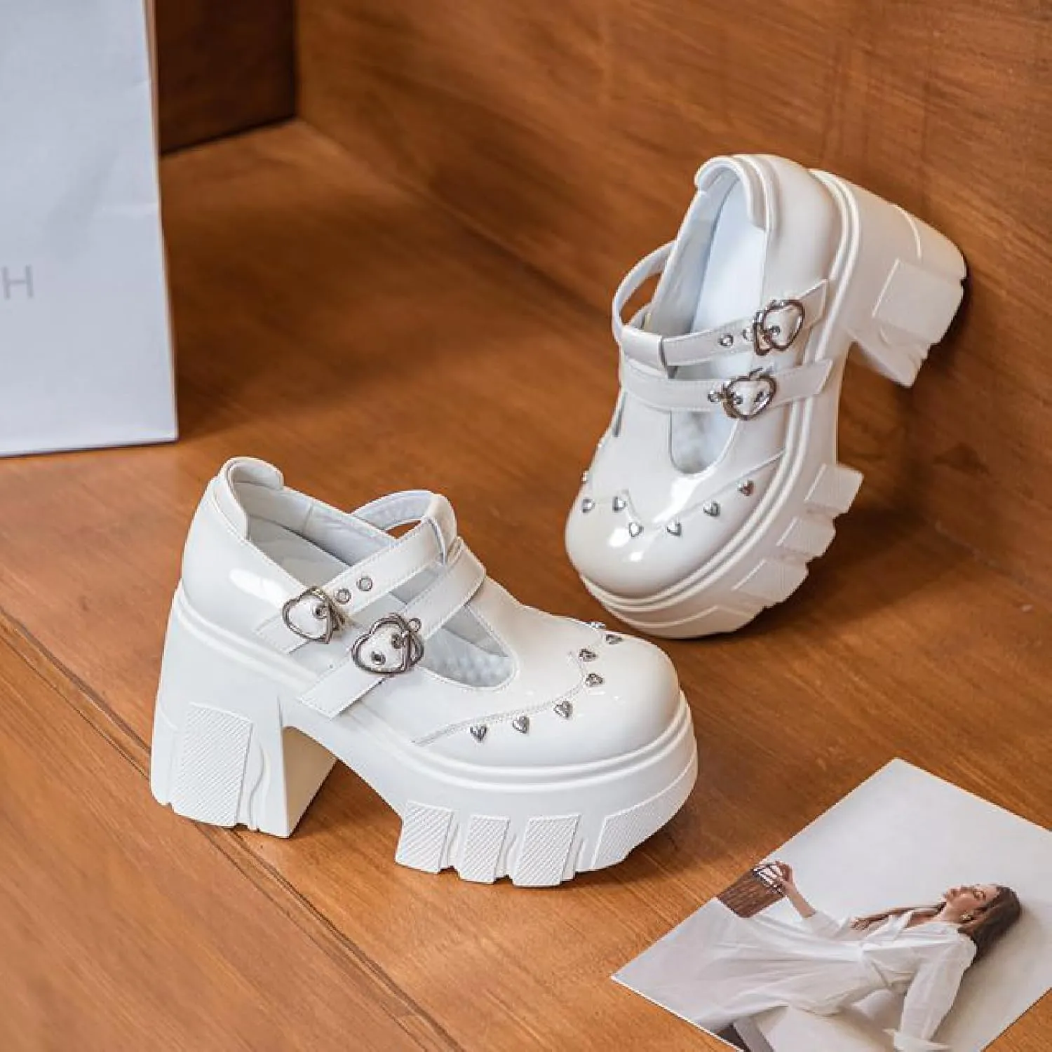 Women's Patent Leather Platform Mary Janes Pumps with Adjust Love Buckle Strap Fashion Comfort Round Toe Chunky High Heels Uniform Lolita Dress Shoes for Party Prom Date Wedding