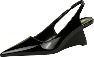 Women's Patent Leather Slingback Wedge Pumps Fashion Closed Pointed Toe Slip-on Elegant High Heels for Party Date Wedding Dressy Shoes