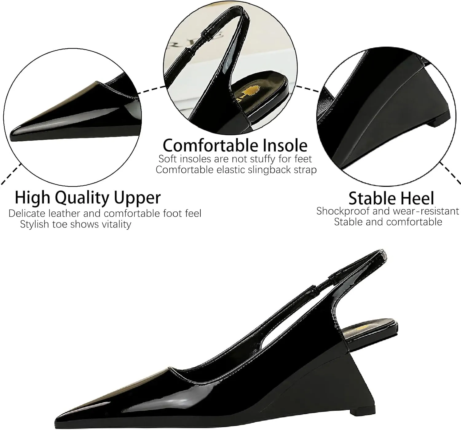 Women's Patent Leather Slingback Wedge Pumps Fashion Closed Pointed Toe Slip-on Elegant High Heels for Party Date Wedding Dressy Shoes
