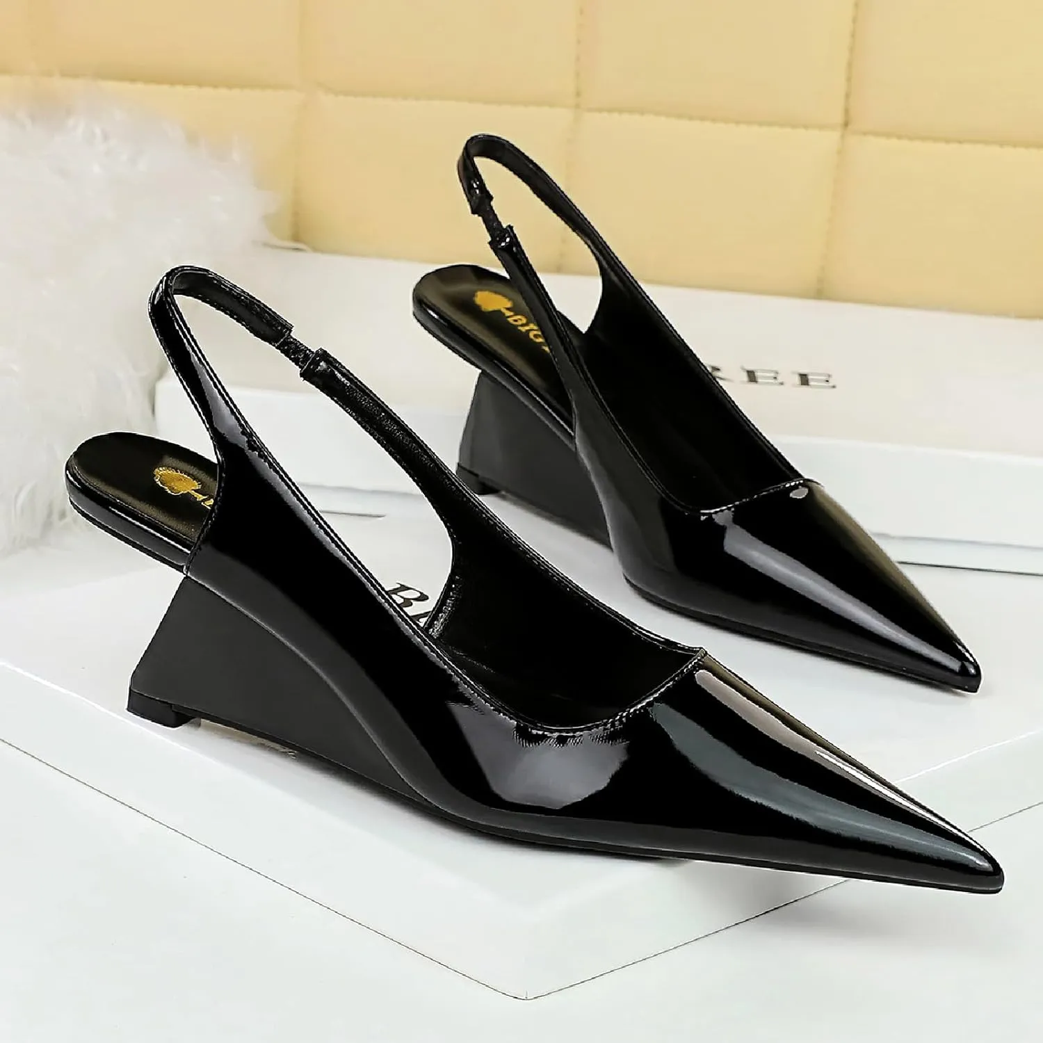 Women's Patent Leather Slingback Wedge Pumps Fashion Closed Pointed Toe Slip-on Elegant High Heels for Party Date Wedding Dressy Shoes