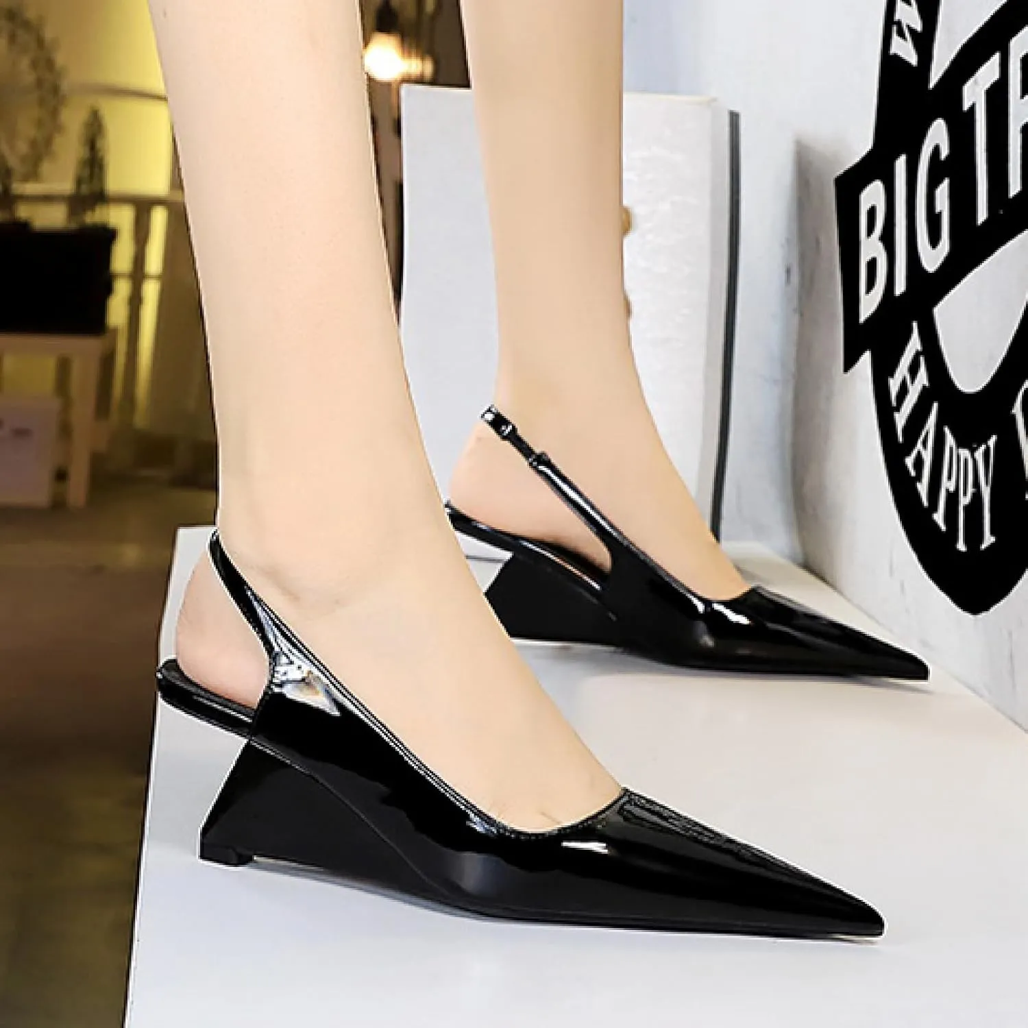 Women's Patent Leather Slingback Wedge Pumps Fashion Closed Pointed Toe Slip-on Elegant High Heels for Party Date Wedding Dressy Shoes
