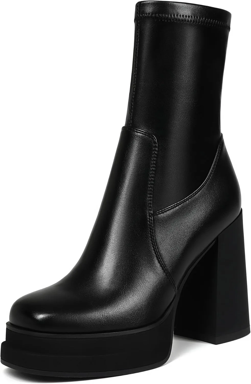 Women's Platform Ankle Boots Chunky High Heel Square Toe Stretch Short Gogo Combat Boots Booties for Women (not for wide calf)