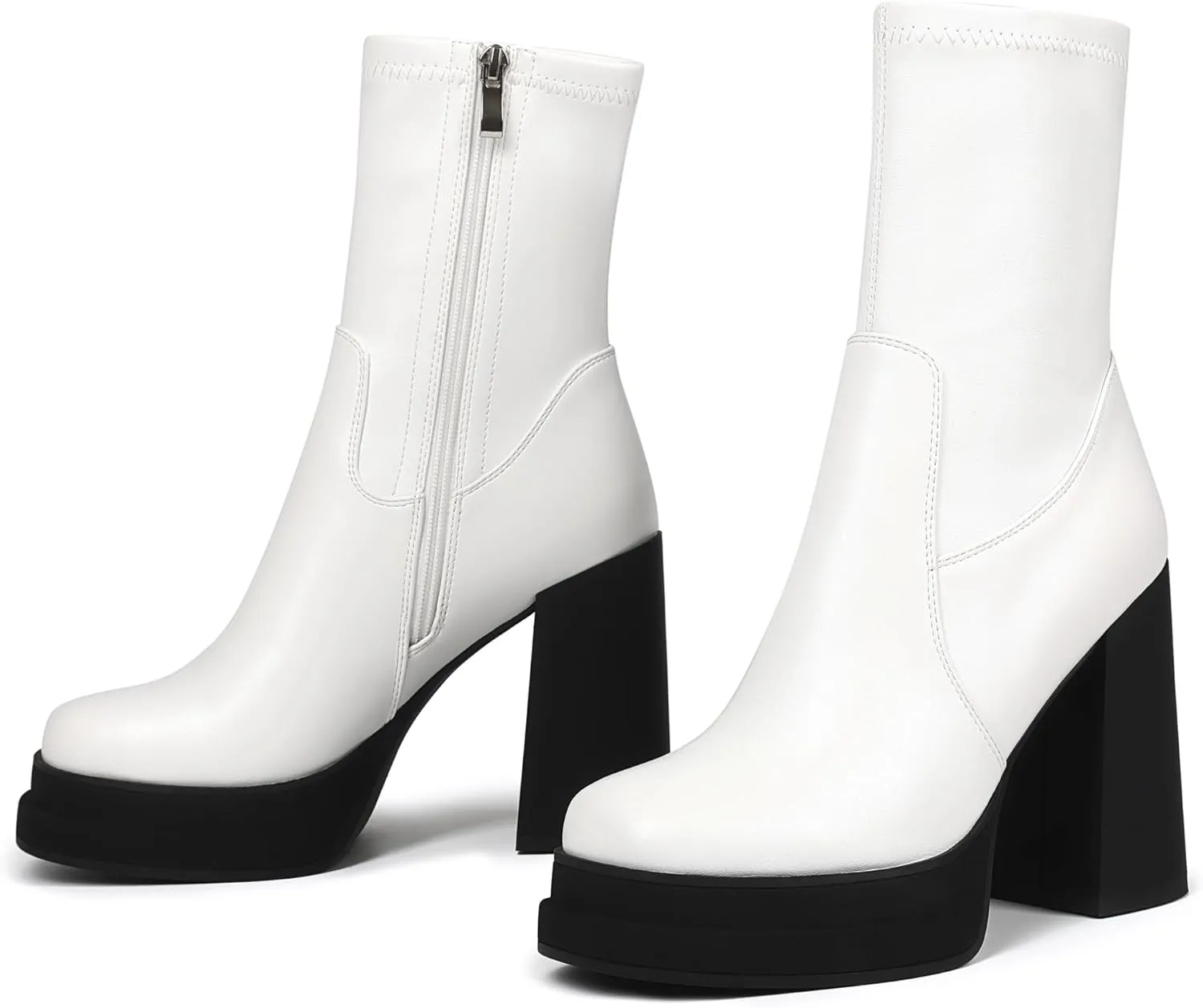 Women's Platform Ankle Boots Chunky High Heel Square Toe Stretch Short Gogo Combat Boots Booties for Women (not for wide calf)