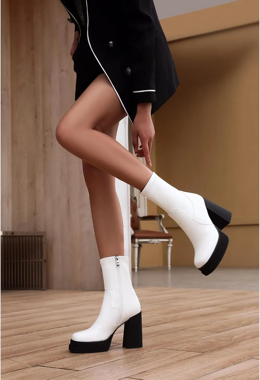 Women's Platform Ankle Boots Chunky High Heel Square Toe Stretch Short Gogo Combat Boots Booties for Women (not for wide calf)