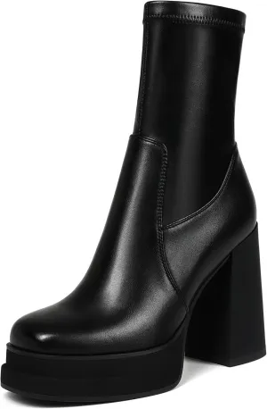 Women's Platform Ankle Boots Chunky High Heel Square Toe Stretch Short Gogo Combat Boots Booties for Women (not for wide calf)
