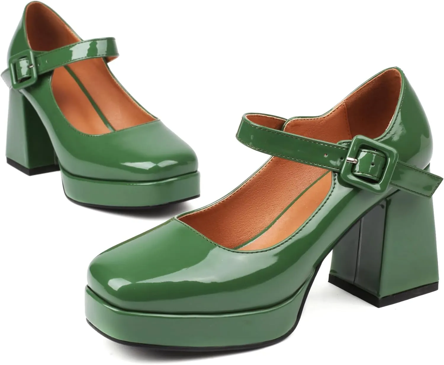 Women's Platform Chunky Heels Square Toe Block Heel Mary Janes Pumps Shoes