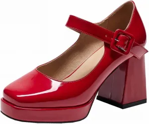 Women's Platform Chunky Heels Square Toe Block Heel Mary Janes Pumps Shoes