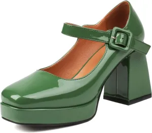 Women's Platform Chunky Heels Square Toe Block Heel Mary Janes Pumps Shoes