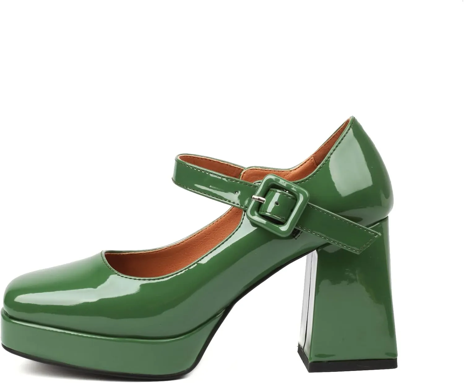 Women's Platform Chunky Heels Square Toe Block Heel Mary Janes Pumps Shoes
