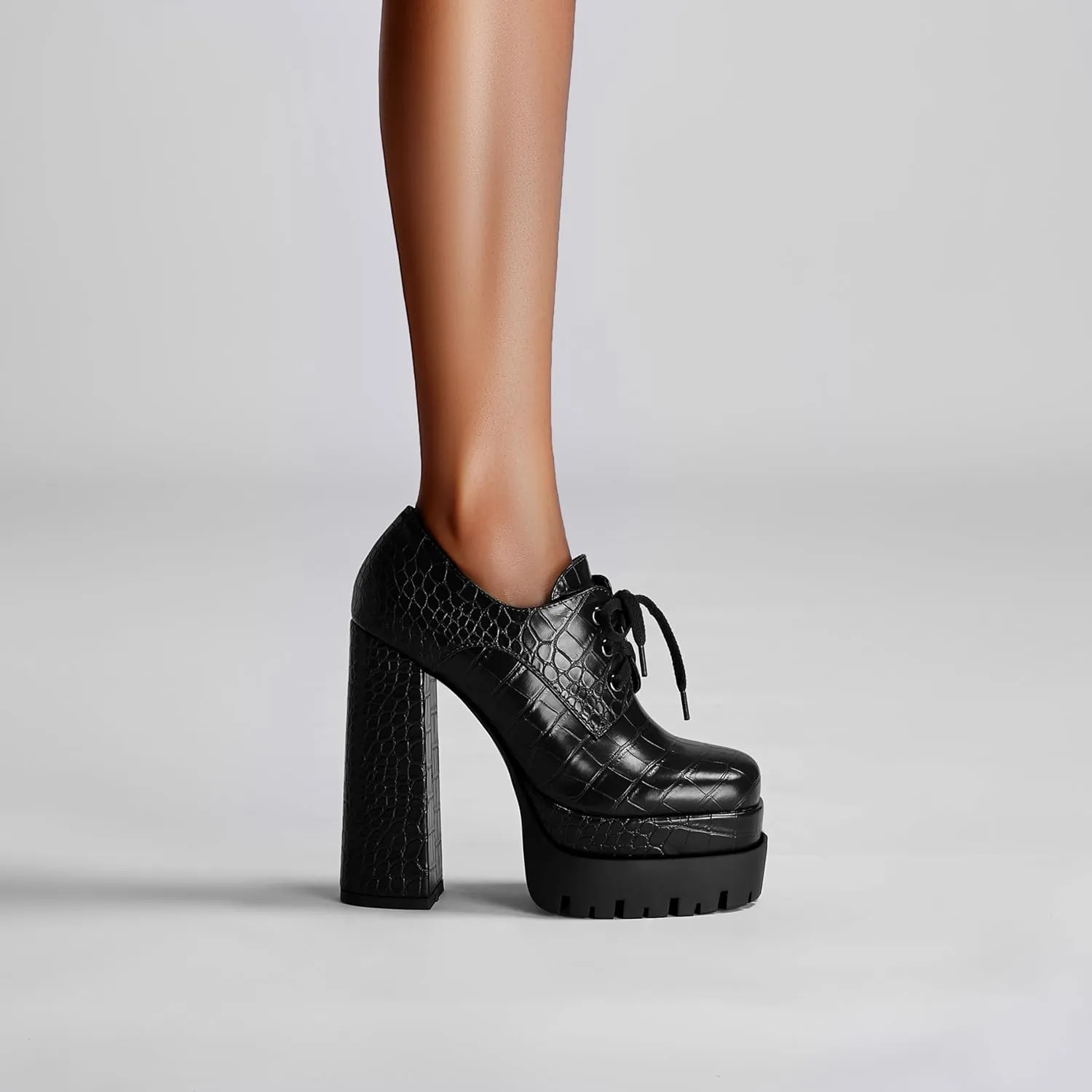 Women's Platform Pumps Round Toe Lace Up Oxford Shoes 15cm/6 inch Chunky Heel Ankle Booties