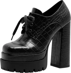 Women's Platform Pumps Round Toe Lace Up Oxford Shoes 15cm/6 inch Chunky Heel Ankle Booties