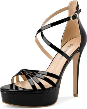 Women's Platform Stiletto Heels Cross Strap Open Peep Toe High Heel Sandals Ankle Strap Crisscross Dress Stilettos Summer Shoes for Ladies Sexy Fashion