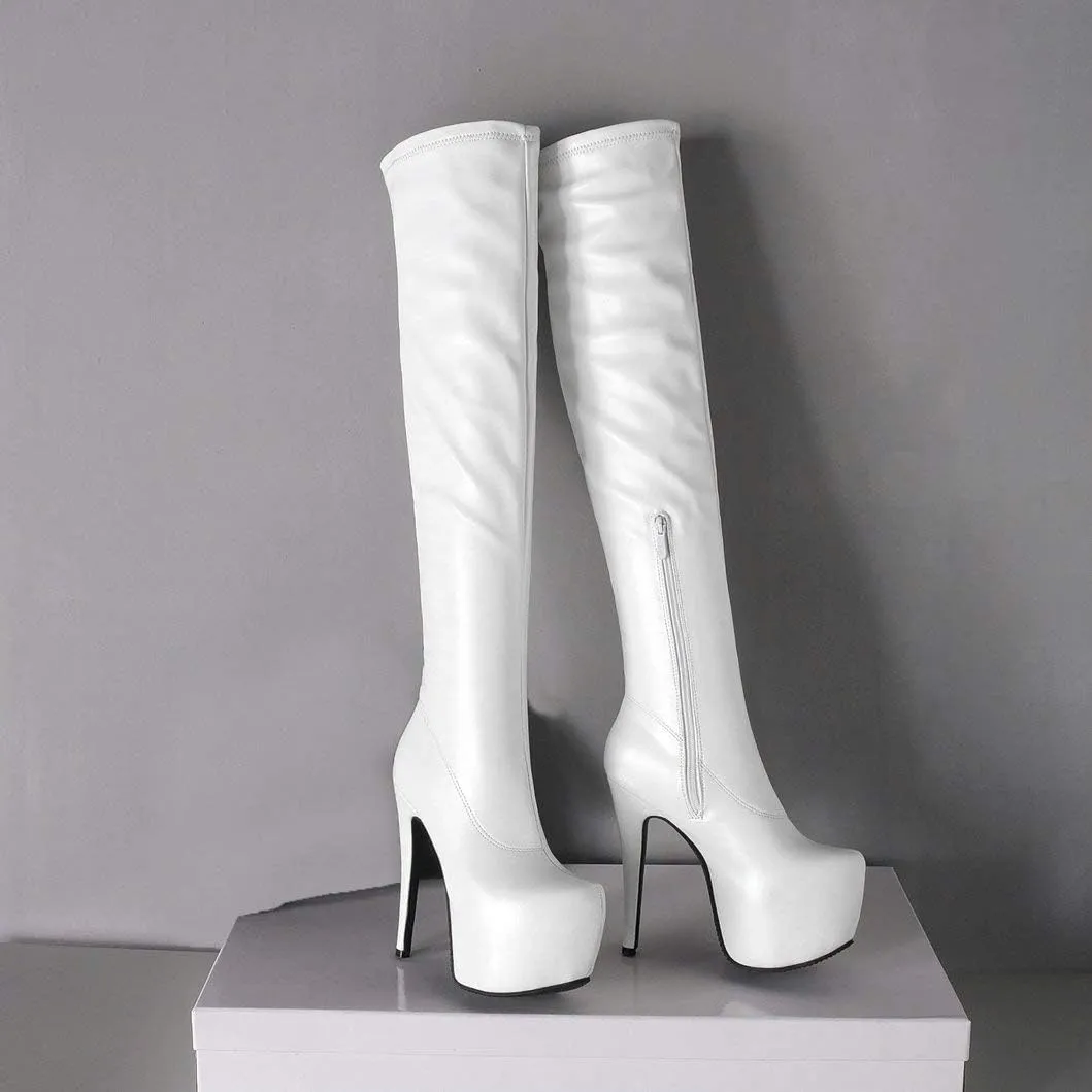 Womens Platform Thigh High Stiletto Heel Boots Round Toe Over The Knee Boots with Side Zipper