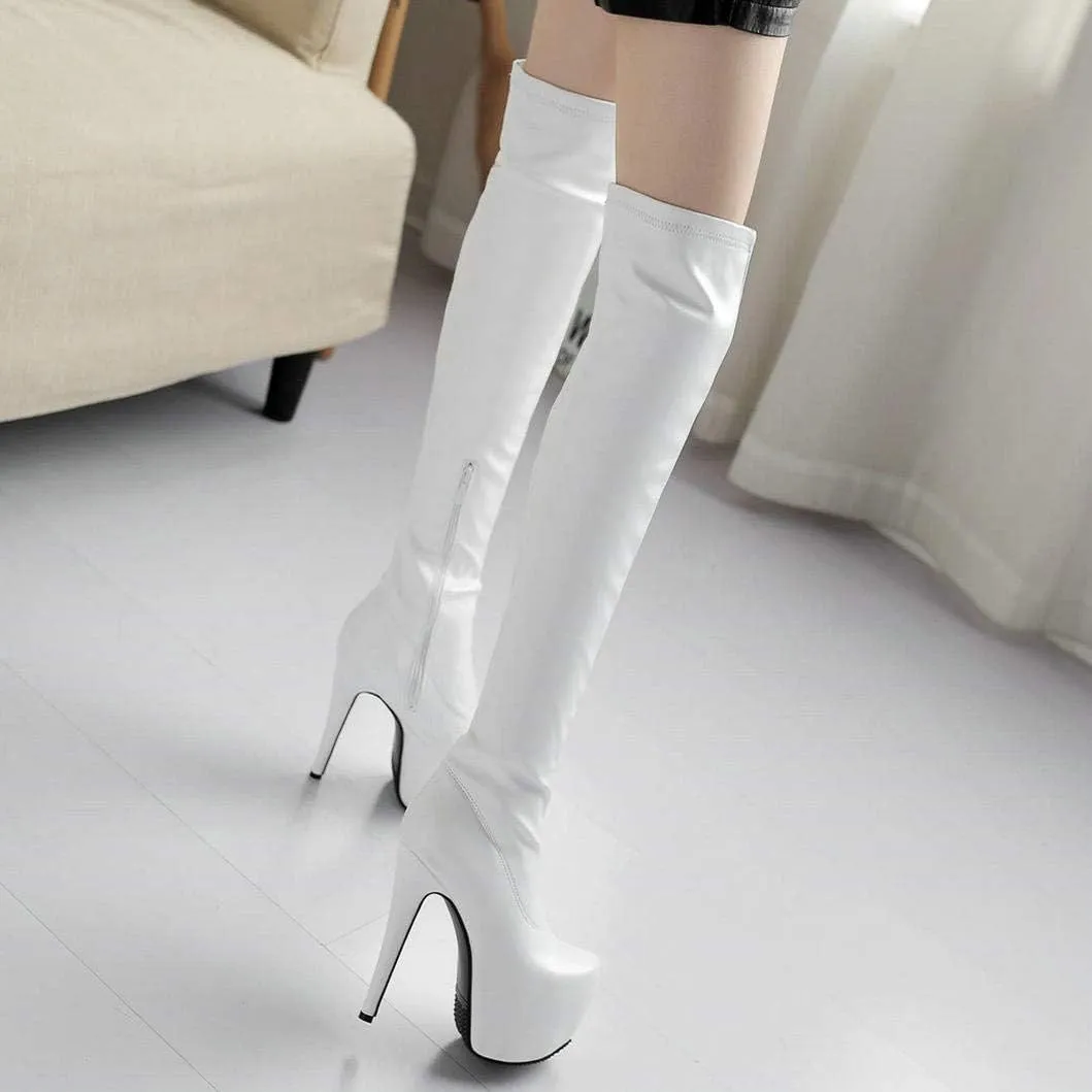 Womens Platform Thigh High Stiletto Heel Boots Round Toe Over The Knee Boots with Side Zipper