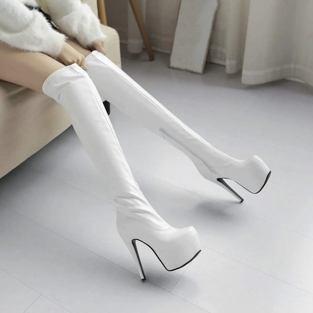 Womens Platform Thigh High Stiletto Heel Boots Round Toe Over The Knee Boots with Side Zipper