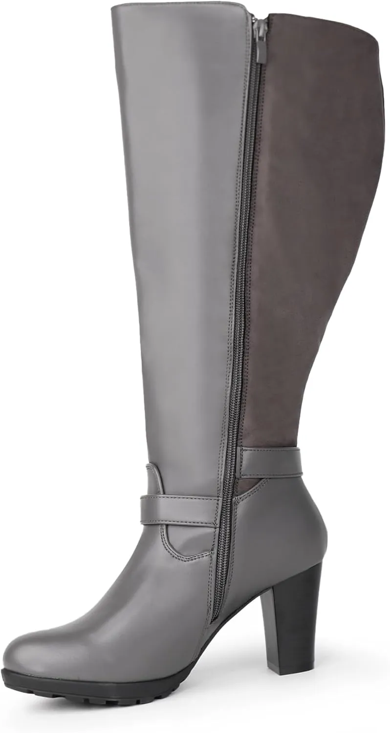 Women's Plus Size Extra Wide Calf High Heel Dress Boots with Ankle Buckle