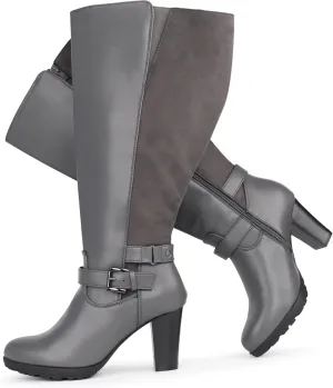 Women's Plus Size Extra Wide Calf High Heel Dress Boots with Ankle Buckle