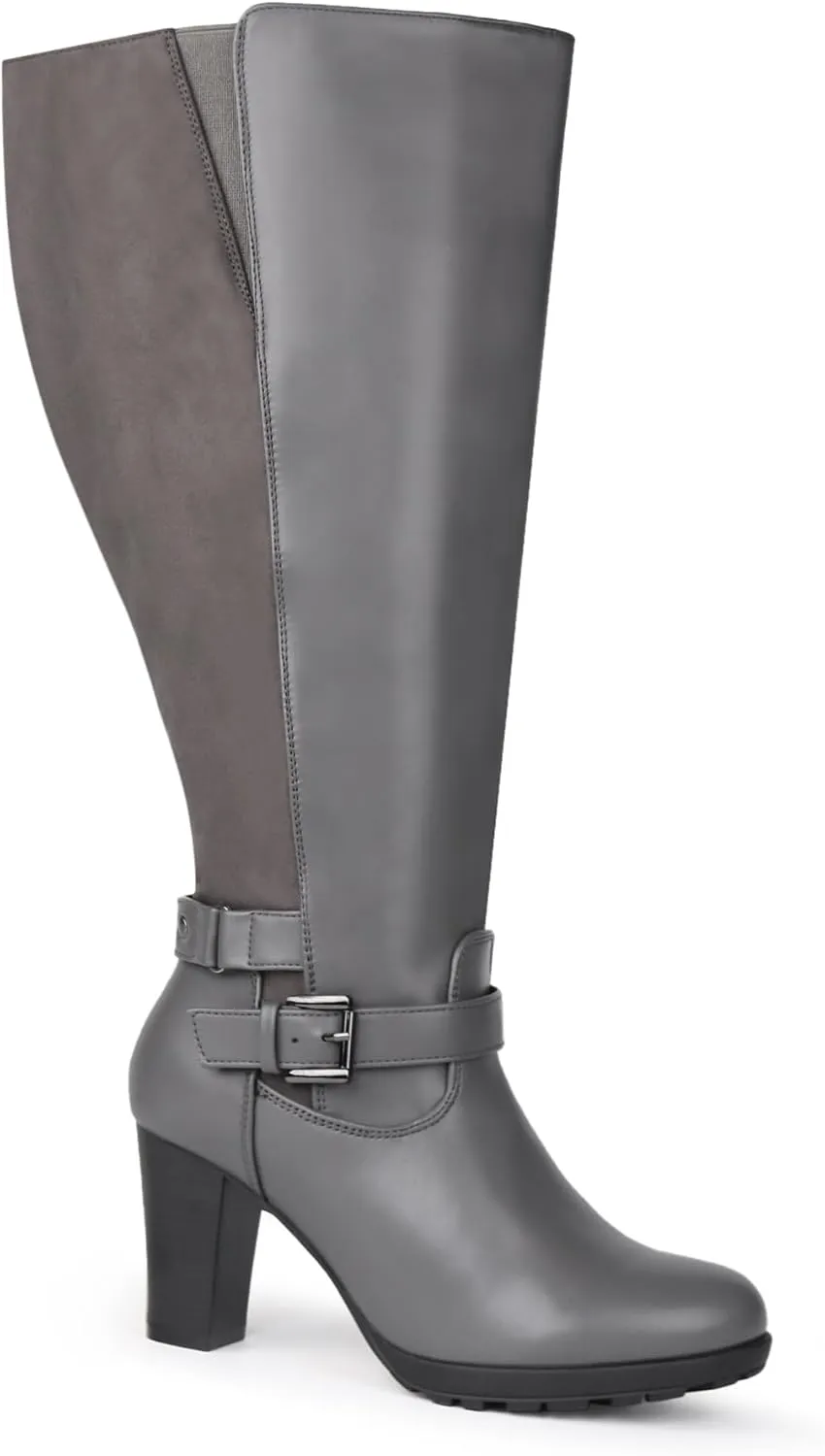 Women's Plus Size Extra Wide Calf High Heel Dress Boots with Ankle Buckle