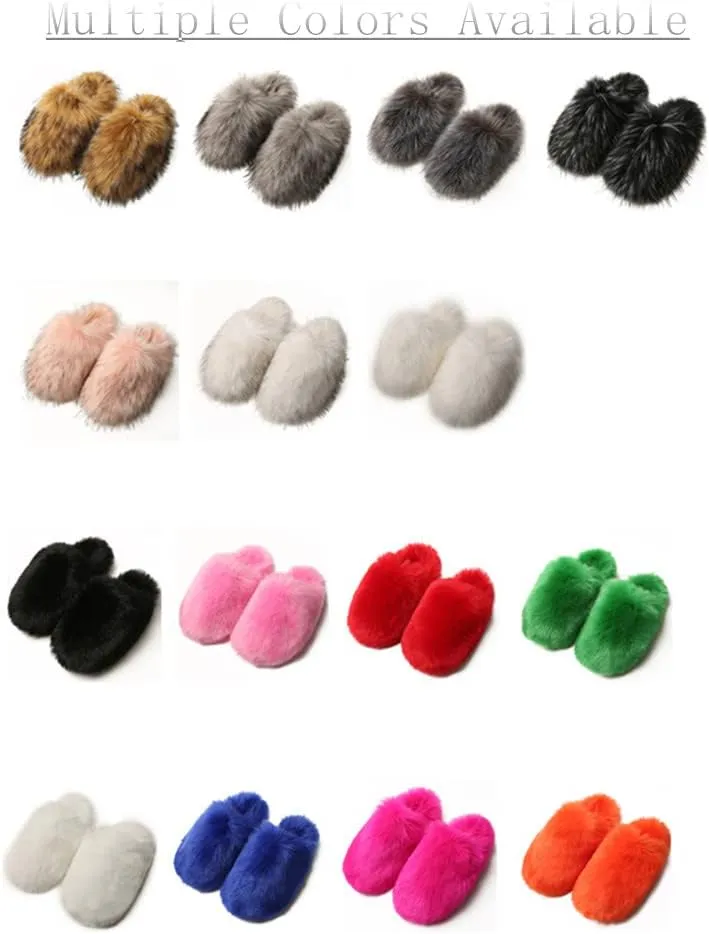 Women's Plush Faux Fur Slipper Slide Sandal Soft Furry Fuzzy Fluffy Lovely Indoor Outdoor Slip On Slippers Multicolor Winter House Shoes