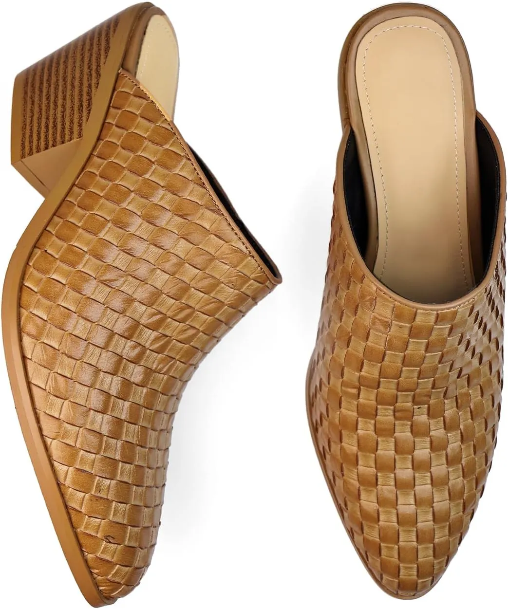 Women's Pumps Closed Pointed Toe Block Heel Mule Woven Leather Chunky Stacked Heeled Slip On Slippers Casual Comfortable Shoes