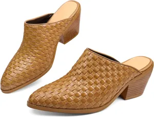 Women's Pumps Closed Pointed Toe Block Heel Mule Woven Leather Chunky Stacked Heeled Slip On Slippers Casual Comfortable Shoes
