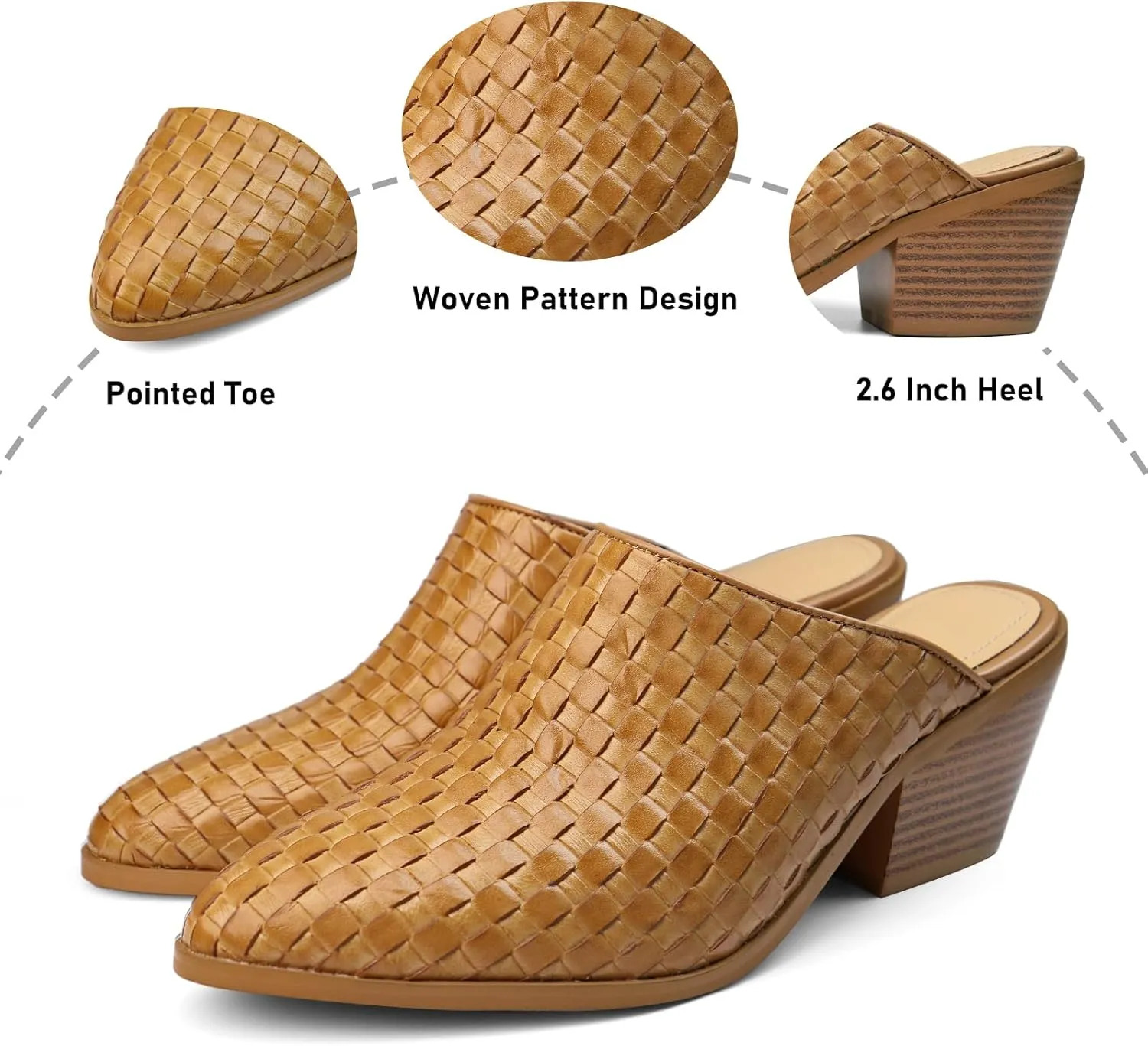 Women's Pumps Closed Pointed Toe Block Heel Mule Woven Leather Chunky Stacked Heeled Slip On Slippers Casual Comfortable Shoes
